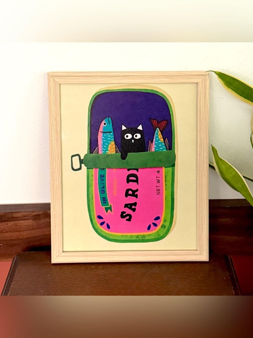 Black Cat in a Sardine Can Fish Cartoon Quirky Canvas Wall Art Faux Wood Framed